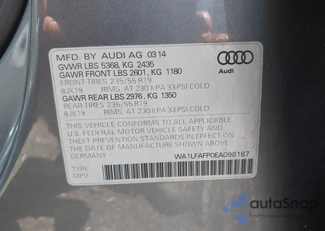 2014 Audi Q5 2.0T Premium from USA, damaged, VIN WA1LFAFP0EA098187